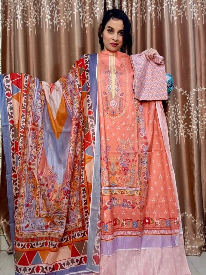 Firdous Lawn Digital Printed Dress – Peach Pink | Premium Cotton 3pcs Set Firdous Lawn Digital Printed Dress – Peach Pink | Premium Cotton 3pcs Set