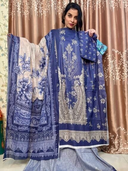 Firdous Lawn Digital Printed Dress – Sky Blue Color | Premium Unstitched Cotton 3pcs Set