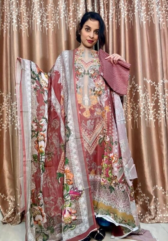 Firdous Lawn Digital Printed Dress – Maroon Color | Premium Cotton 3pcs Set