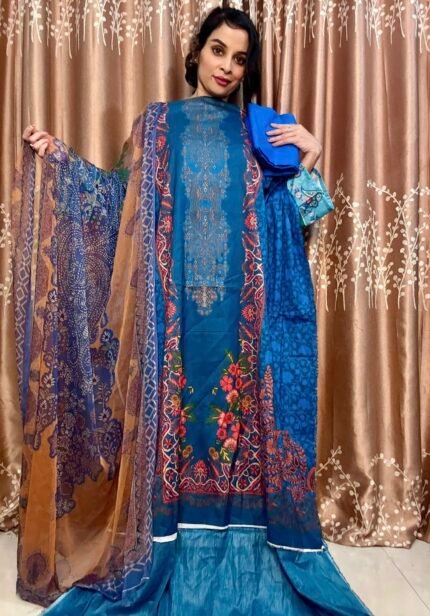 New Arrivals Pakistani Royal Blue Floral Premium Digital Printed Unstitched Charizma Lawn – Pure Chiffon Dupatta