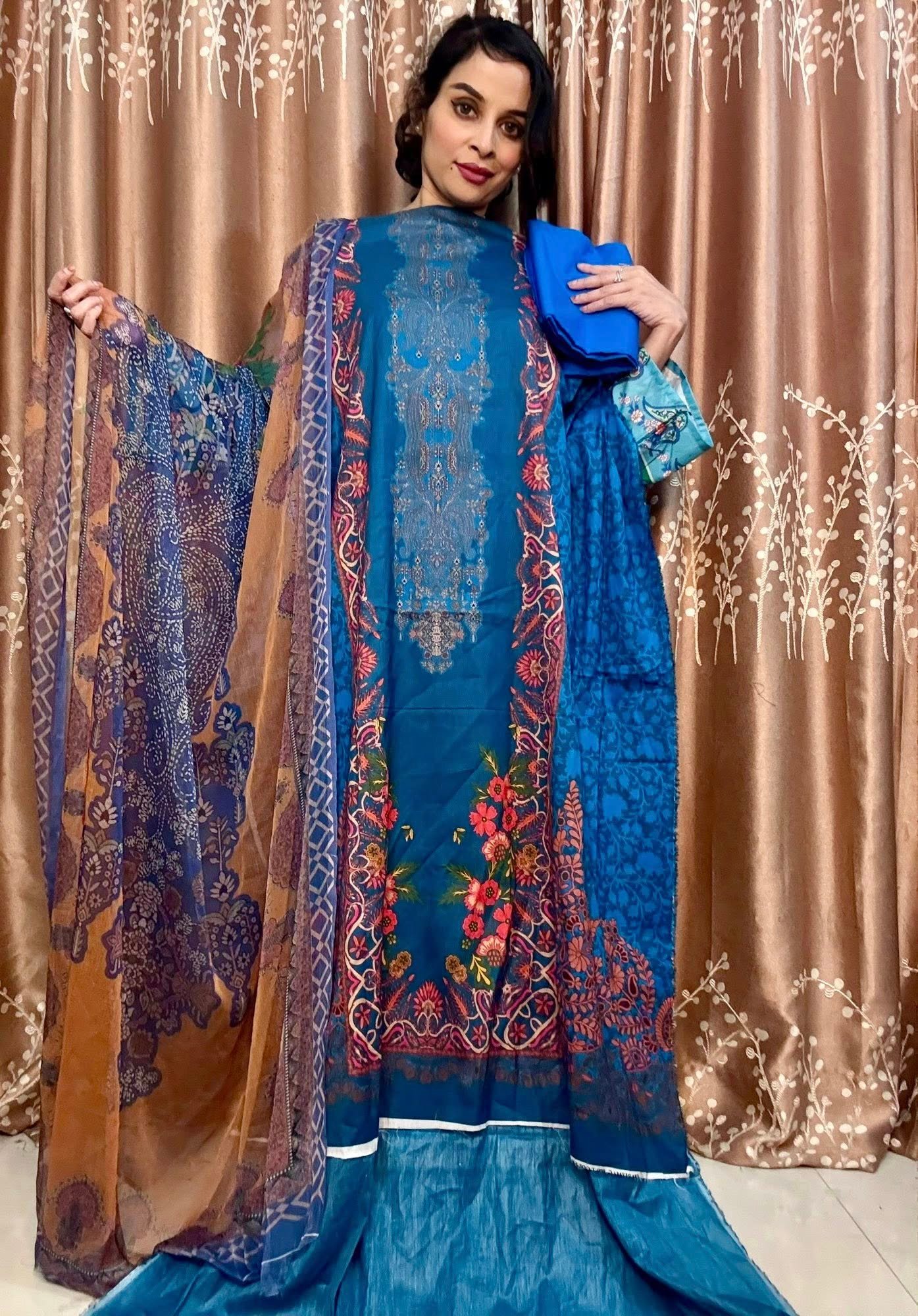 New Arrivals Pakistani Royal Blue Floral Premium Digital Printed Unstitched Charizma Lawn – Pure Chiffon Dupatta