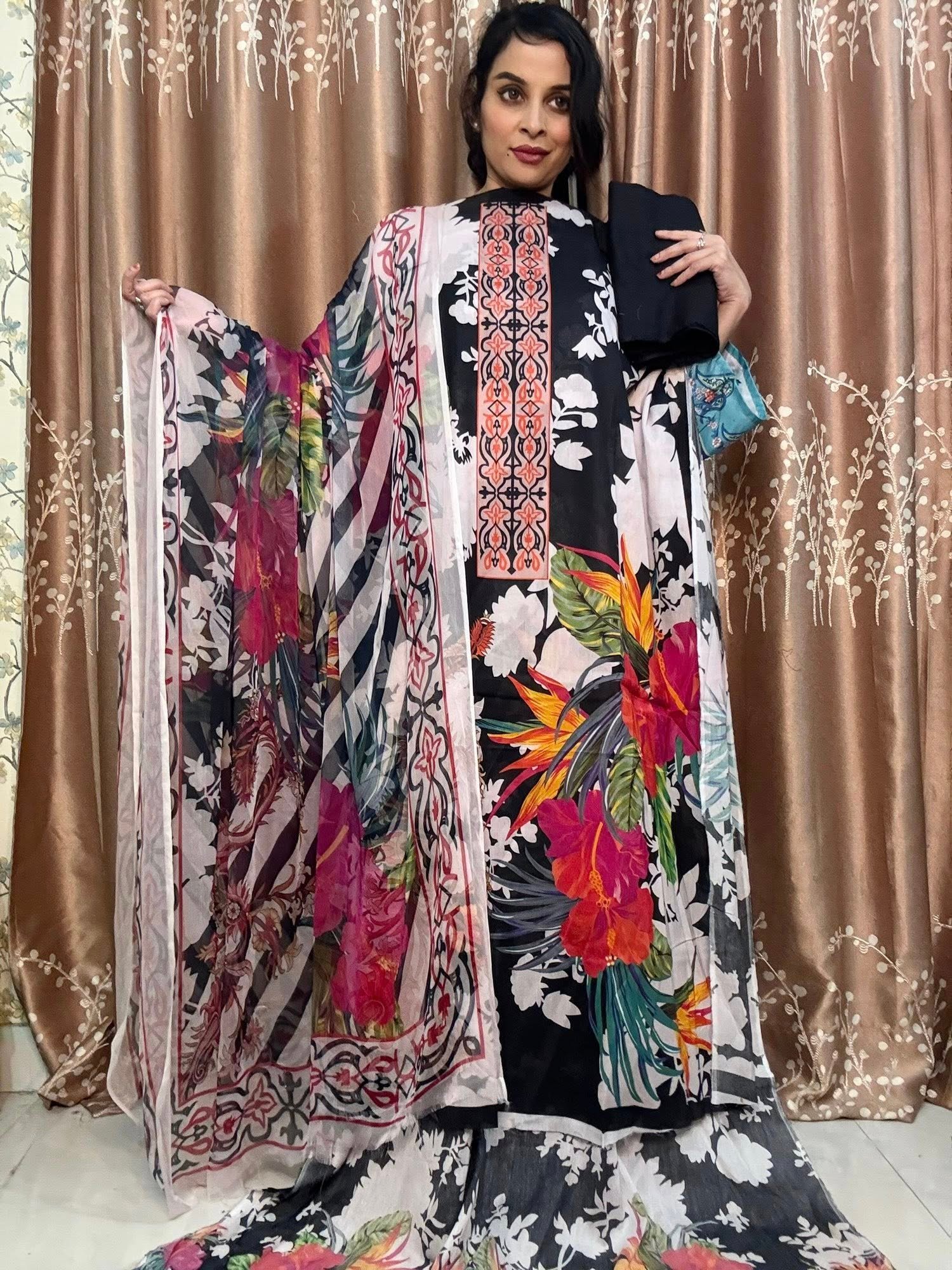 New Arrivals Pakistani Black Multicolor Premium Digital Printed Unstitched Charizma Lawn – Pure Chiffon Dupatta (Copy)
