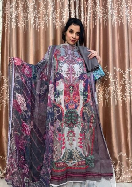 Pakistani Premium Digital Printed Unstitched Charizma Lawn Ash Grey – Pure Chiffon Dupatta