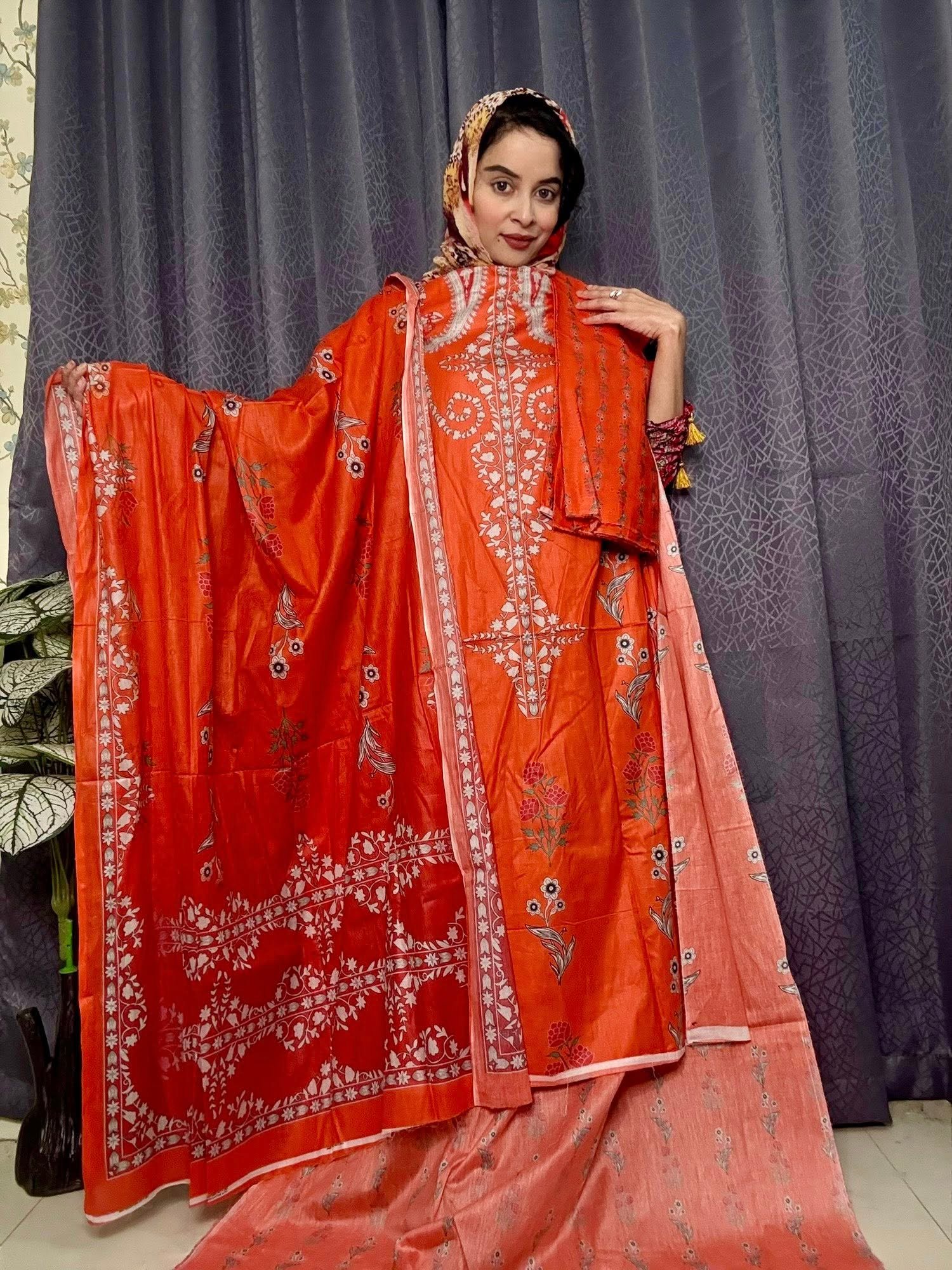 Pakistani Premium Lawn burn orange -Pure Cotton dupatta